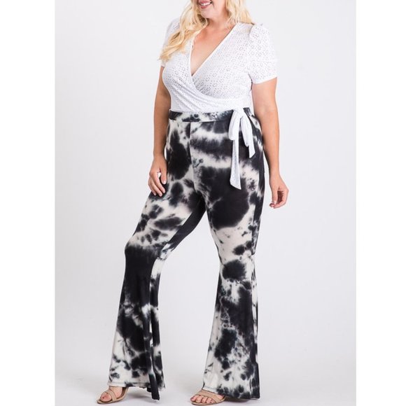 Plus Black Tie Dye Bell Bottom Flare Leg Pants - Picture 6 of 6